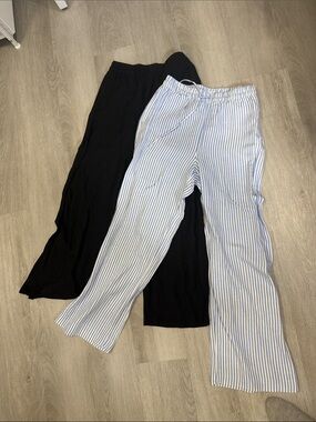 H&M Wide-Leg Pants linen blend Duo — Solid Black & Blue-White Stripe
